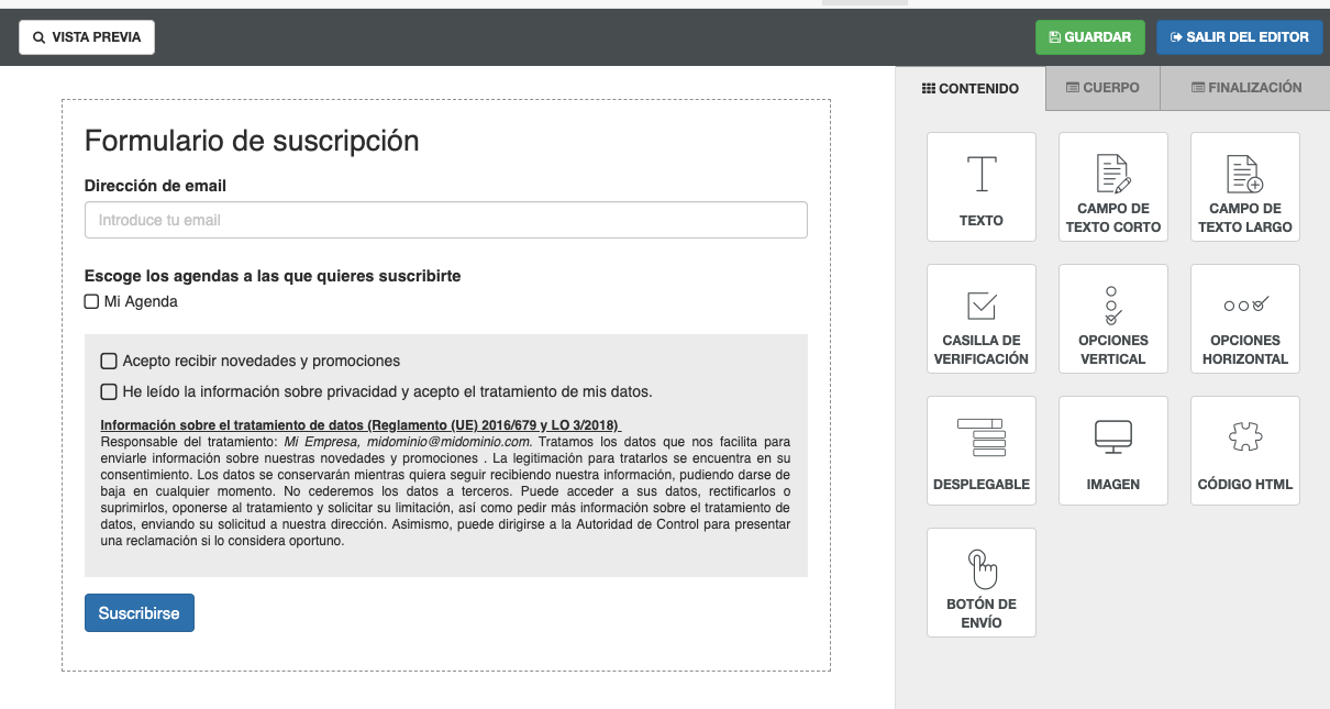 Puedes escoger las agendas a las que se suscribirán quien complete el formulario - Telemail Comunicatemas